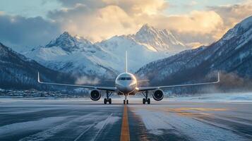 Airplane poised on a snowy runway amid towering mountain peaks photo