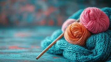 Craft knitting hobby background with yarn photo