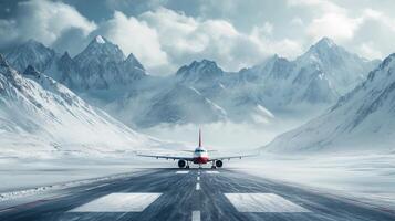 Airplane poised on a snowy runway amid towering mountain peaks photo