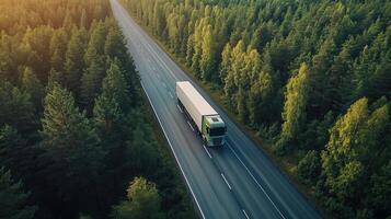 Aerial view of a truck on a forested highway, transportation theme photo