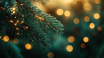 closeup of fir tree branch with bokeh lights rich emerald needles contrast photo