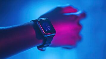 A hand wearing a smartwatch, resting gently against a blue background photo
