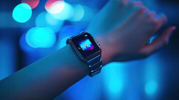 A hand wearing a smartwatch, resting gently against a blue background photo
