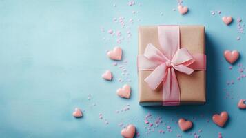 A wrapped gift box with a pink ribbon and hearts scattered around photo