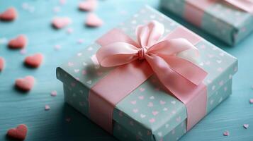 A wrapped gift box with a pink ribbon and hearts scattered around photo