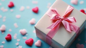 A wrapped gift box with a pink ribbon and hearts scattered around photo