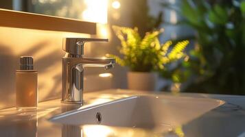 Sunlight illuminates a sleek bathroom sink with a modern stainless steel faucet photo