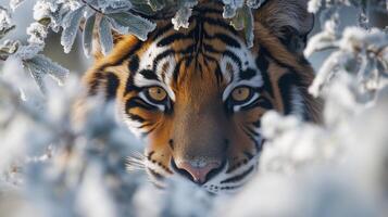 A Siberian Tiger Peering Through Frost-Covered Branches photo