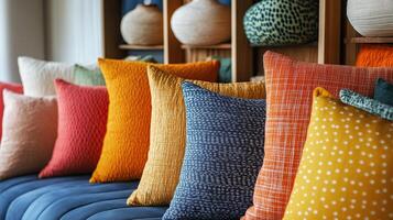 Vibrant Collection of Decorative Pillows in Unique Patterns and Textures photo