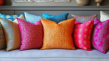 Vibrant Collection of Decorative Pillows in Unique Patterns and Textures photo