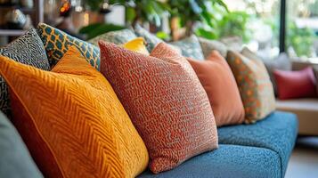 Vibrant Collection of Decorative Pillows in Unique Patterns and Textures photo