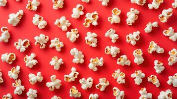 Popcorn on a red background. Popcorn pattern photo