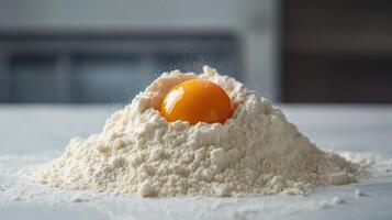Detailed shot of a heap of flour with a single egg cracked into it photo