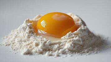 Detailed shot of a heap of flour with a single egg cracked into it photo
