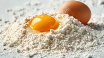 Detailed shot of a heap of flour with a single egg cracked into it photo