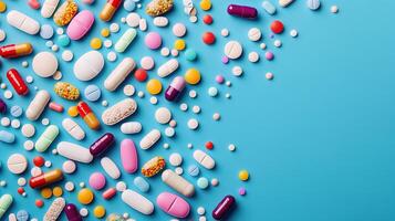 An array of various pills, tablets, and capsules in different colors photo