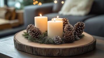 Advent wreath with candles and pinecones on a wooden table photo