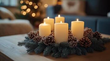 Advent wreath with candles and pinecones on a wooden table photo