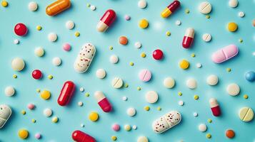 An array of various pills, tablets, and capsules in different colors photo