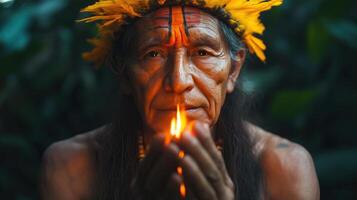 Amazonian portrait of a shaman. Shaman in the Ecuador Amazon during a real image photo