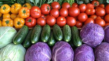 A colorful array of fresh vegetables including garlic, tomatoes, cabbage photo