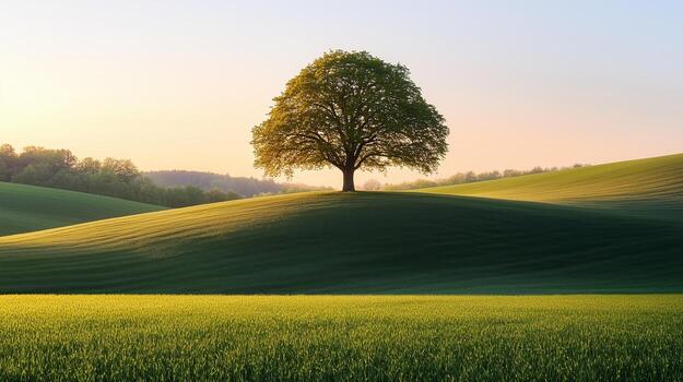 A lone tree graces the center of a lush green field photo