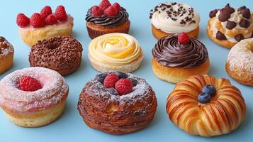 Group of assorted pastries isolated on blue background. photo