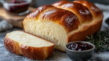 Brioche A loaf of buttery, soft brioche with a shiny golden top photo