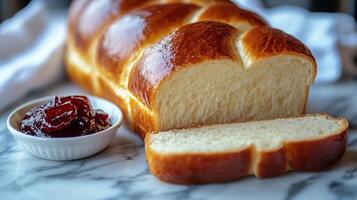Brioche A loaf of buttery, soft brioche with a shiny golden top photo