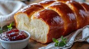 Brioche A loaf of buttery, soft brioche with a shiny golden top photo