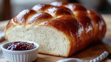 Brioche A loaf of buttery, soft brioche with a shiny golden top photo