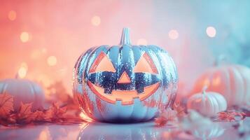 shiny halloween jack o lantern pumpkin made of disco ball photo
