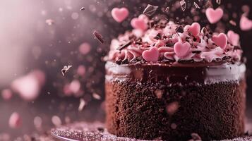 Visually appealing chocolate cake decorated with pink hearts photo