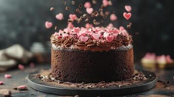 Visually appealing chocolate cake decorated with pink hearts photo