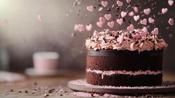 Visually appealing chocolate cake decorated with pink hearts photo