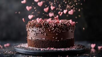 Visually appealing chocolate cake decorated with pink hearts photo