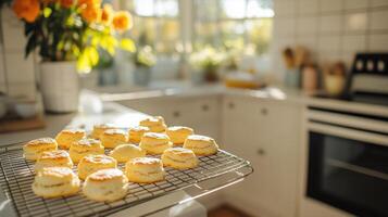 Warm cinnamon orange scones cooling gently on a wire rack photo