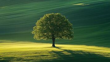 A lone tree graces the center of a lush green field photo