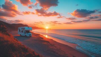 Camping on nature beach. Caravan recreational vehicle at sunrise photo