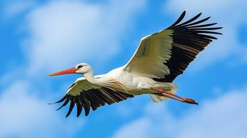 A single stork flying against a blue sky photo