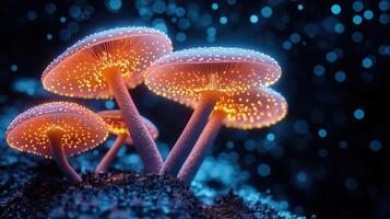 A family of magic mushrooms glowing with neon light on a black background. photo