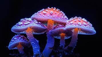 A family of magic mushrooms glowing with neon light on a black background. photo