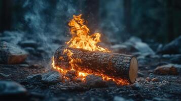 A log resting in a crackling campfire, flames dancing photo