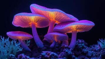 A family of magic mushrooms glowing with neon light on a black background. photo