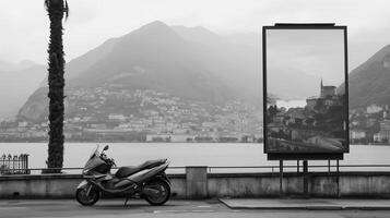 Billboard on the street next to a motorcycle in Lugano photo
