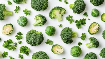 Broccoli brussel sprouts parsley pattern isolated on white background photo