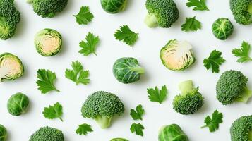 Broccoli brussel sprouts parsley pattern isolated on white background photo