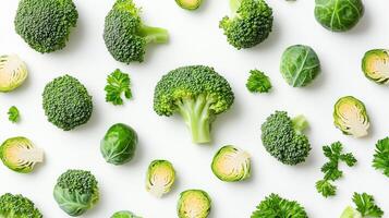 Broccoli brussel sprouts parsley pattern isolated on white background photo