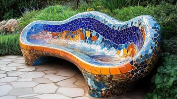 Famous Gaudis masterpiece serpent bench made of mosaic tiles photo