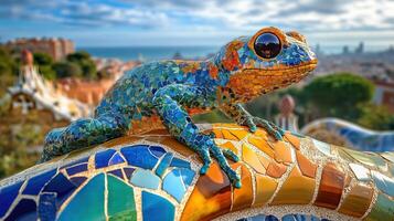 Famous Gaudis masterpiece serpent bench made of mosaic tiles photo